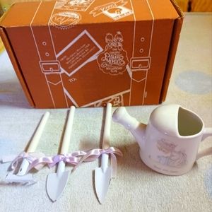 Precious Moments 1989 Bless This Earth Porcelain Watering Can + Metal/Wood Tools